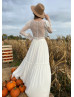 Long Sleeves Ivory French Lace Chiffon Boho Beach Wedding Dress